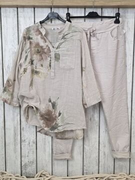 Oversize Desenli Bej Pamuk Gömlek