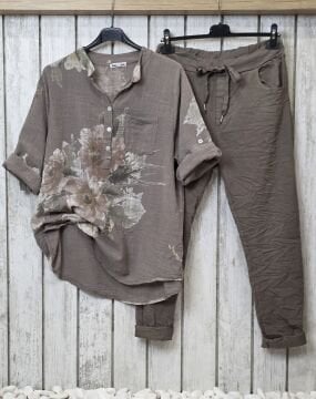 Oversize Desenli Vizon Bej Pamuk Gömlek