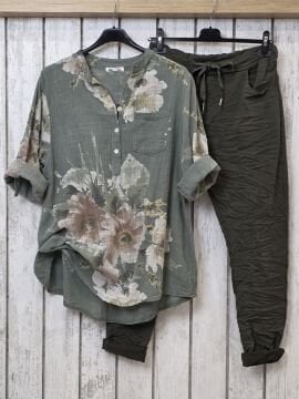 Oversize Desenli Haki Pamuk Gömlek