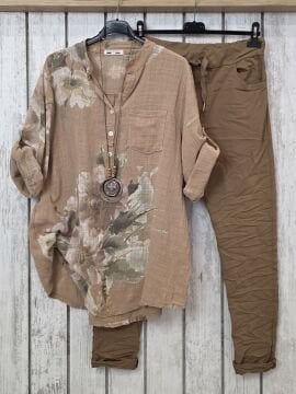 Oversize Desenli Camel Kahve Pamuk Gömlek