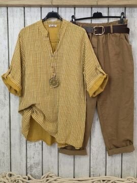 Oversize Pamuklu Çizgili Gömlek Hardal