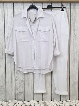 İtalyan Havuç Kesim Keten Beyaz Pantolon