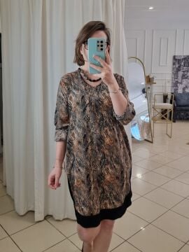 Kahverengi Desenli Tunik Saten Elbise