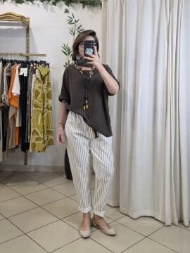 Likralı İtalyan Çizgili Pantolon Camel