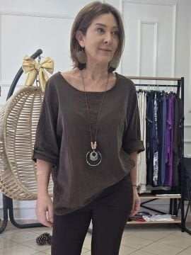 Oversize İtalyan Muslin Bluz Kahve