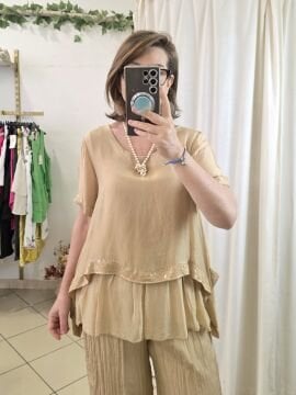 Payetli  Gold Sarı Rengi İpek Bluz İtalyan