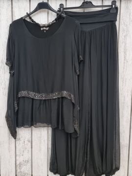 Payetli İpek Siyah Bluz İtalyan