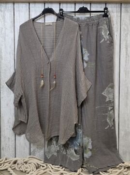 Petek Dokuma Keten Kaftan Vizon