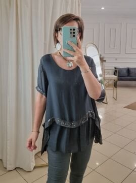 Payetli İpek Antrasit Bluz İtalyan