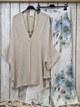 Petek Dokuma Keten Kaftan Bej