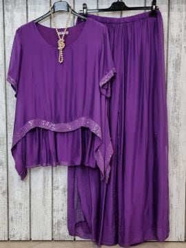 Payetli İpek Mor Bluz İtalyan