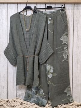 Petek Dokuma Keten Kaftan Haki