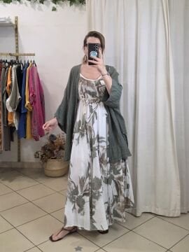 Petek Dokuma Keten Kaftan Haki