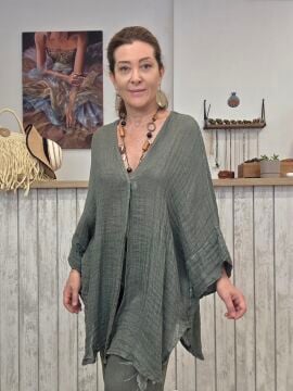 Petek Dokuma Keten Kaftan Haki