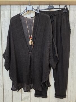 Petek Dokuma Keten Kaftan Siyah