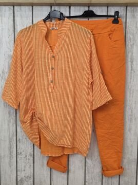 Oversize Pamuklu Çizgili Turuncu Gömlek