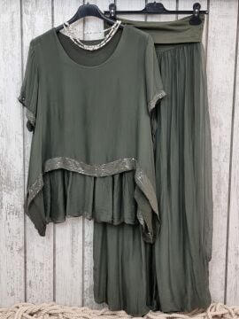 Payetli  Haki İpek Bluz İtalyan