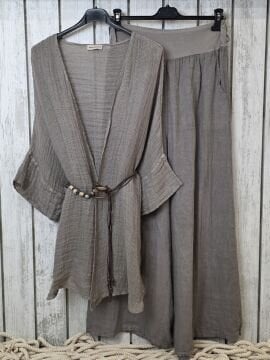 Kemerli Bol Paça Vizon Bej Keten Pantolon