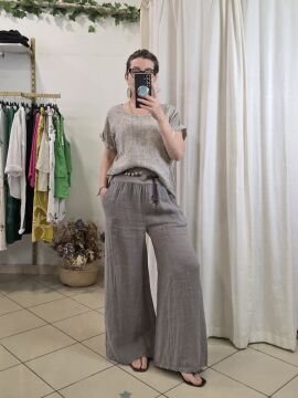 Kemerli Bol Paça Vizon Bej Keten Pantolon