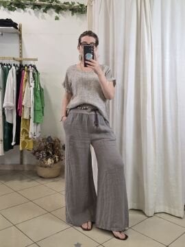 Kemerli Bol Paça Vizon Bej Keten Pantolon