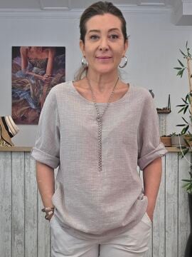 Oversize İtalyan Muslin Bej  Bluz