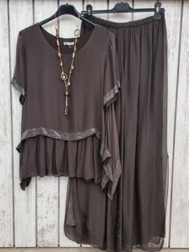 Payetli  Kahverengi İpek Bluz İtalyan