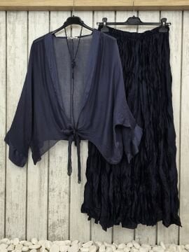 Önü Bağlamalı İpek Şifon Bluz Lacivert