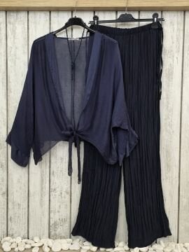 Önü Bağlamalı İpek Şifon Bluz Lacivert