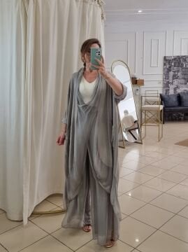 Paçası Payetli İpek Pantolon Vizon