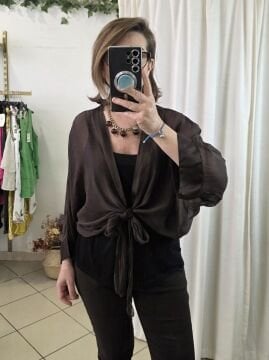 Önü Bağlamalı İpek Şifon Bluz Kahverengi