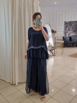 Paçası Payetli İpek Pantolon Lacivert