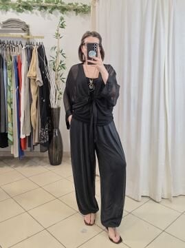 Önü Bağlamalı İpek Şifon Bluz Siyah