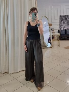 Paçası Payetli İpek Pantolon Kahverengi