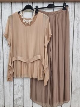 Şifon İpek Pantolon Açık Kahve İtalyan