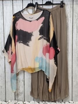 Oversize Desenli İpek Bluz Kahve Bej