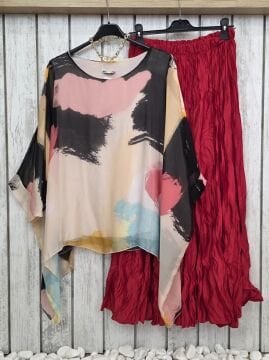 Oversize Desenli İpek Bluz Kahve Bej