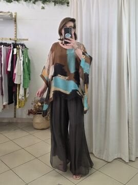 Paçası Payetli İpek Pantolon Kahverengi