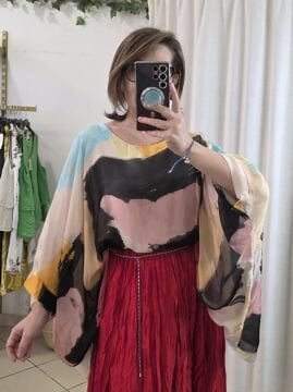 Oversize Desenli İpek Bluz Bej