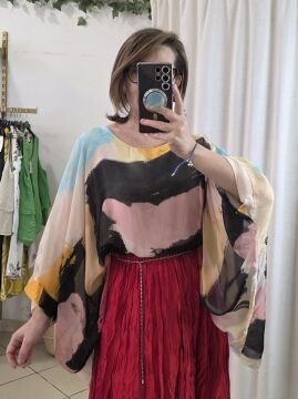 Oversize Desenli İpek Bluz Bej
