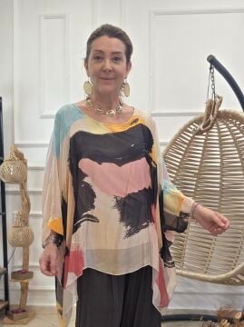 Oversize Desenli İpek Bluz Bej