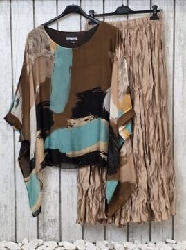 Oversize Desenli  İpek Bluz Kahverengi