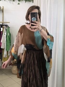 Oversize Desenli  İpek Bluz Kahverengi