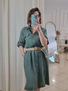 Kemerli Haki Keten Elbise İtalyan