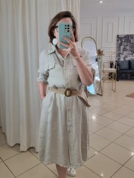 Kemerli Keten Elbise Bej İtalyan