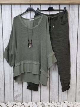 Büyük Beden Organik File Bluz Haki