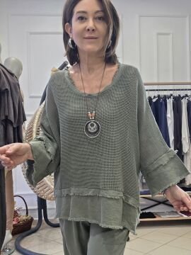 Büyük Beden Organik File Bluz Haki