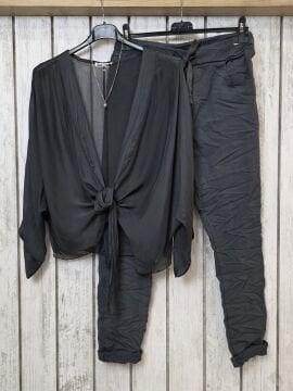 Önü Bağlamalı İpek Şifon Bluz Antrasit