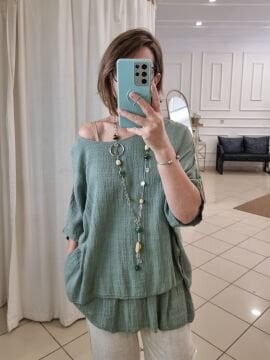 İncecik Pamuklu Oversize Haki Bluz İtalyan