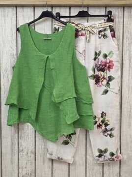 Önü Volan Parçalı Keten Atlet Yeşil