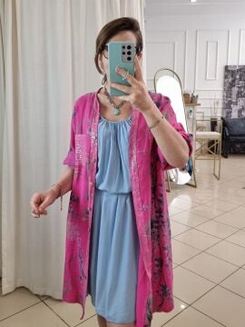 Pullu Keten Tunik Gömlek Elbise Pembe İtalyan